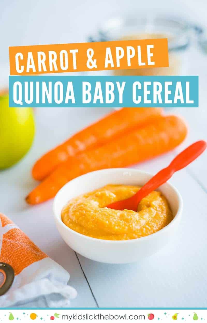 Quinoa Baby Cereal with Carrot and Apple in a white bowl with orange spoon