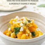 A bowl of pumpkin risotto with text overlay: Crockpot pumpkin risotto, an easy no stir family meal.