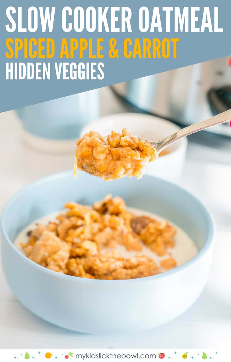 slow cooker porridge, spoonful up close above a bowl of oatmeal