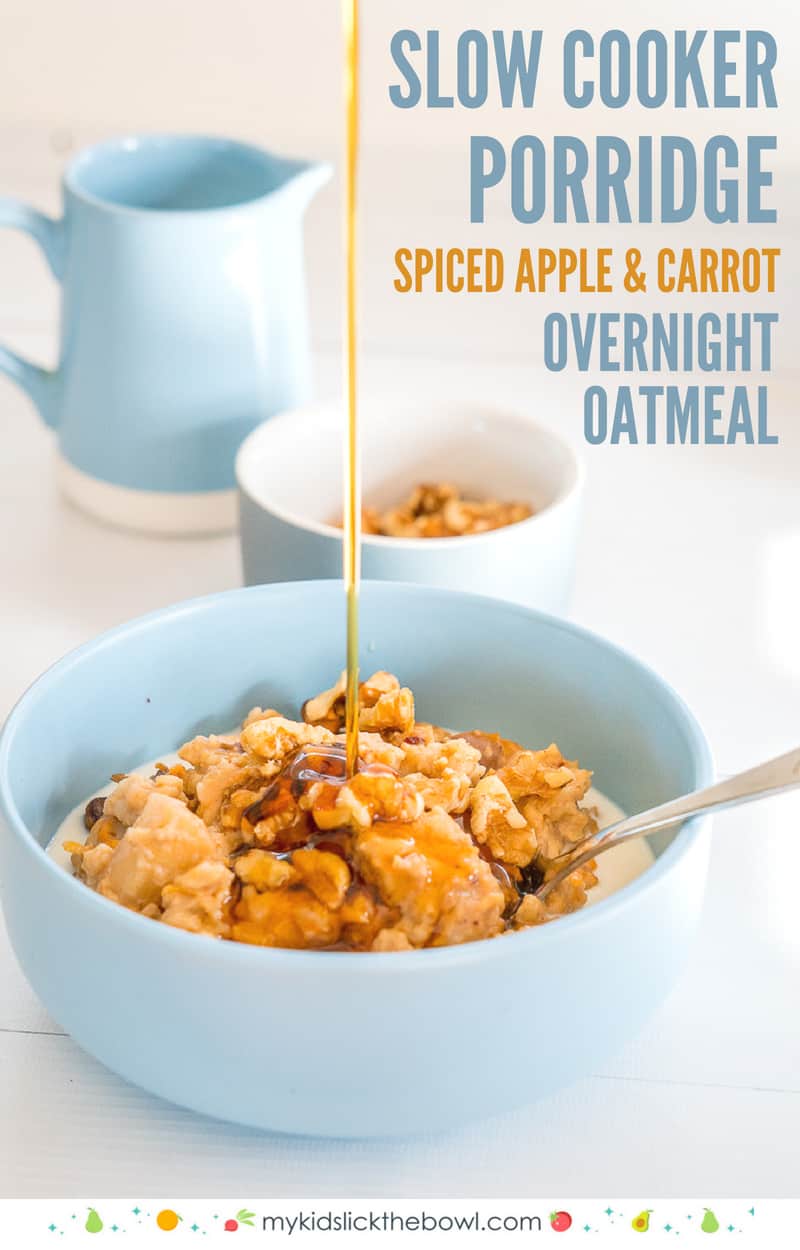 slow cooker porridge in a blue topped with walnuts, maple syrup being poured on top