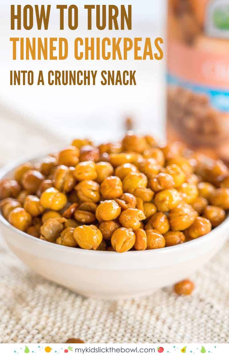 Crunchy roasted chickpeas in a white bowl, in front of a can of chickpeas