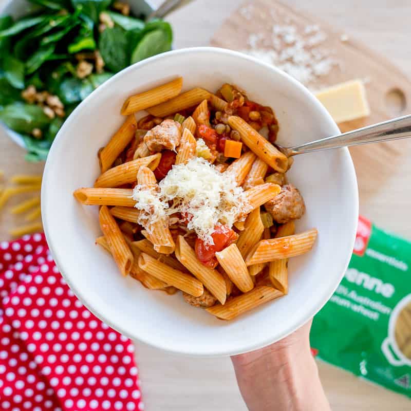 One Pan Pasta flavoured with tomato sausage and lentils