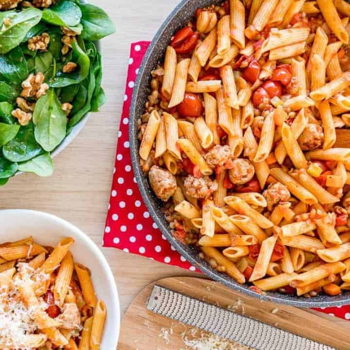 One Pan Pasta flavoured with tomato sausage and lentil