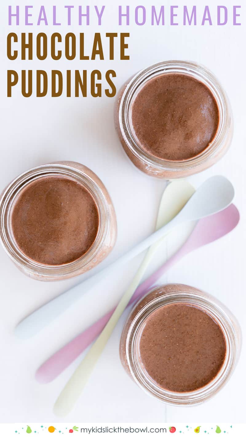 chocolate chia puddings, in 3 small jars