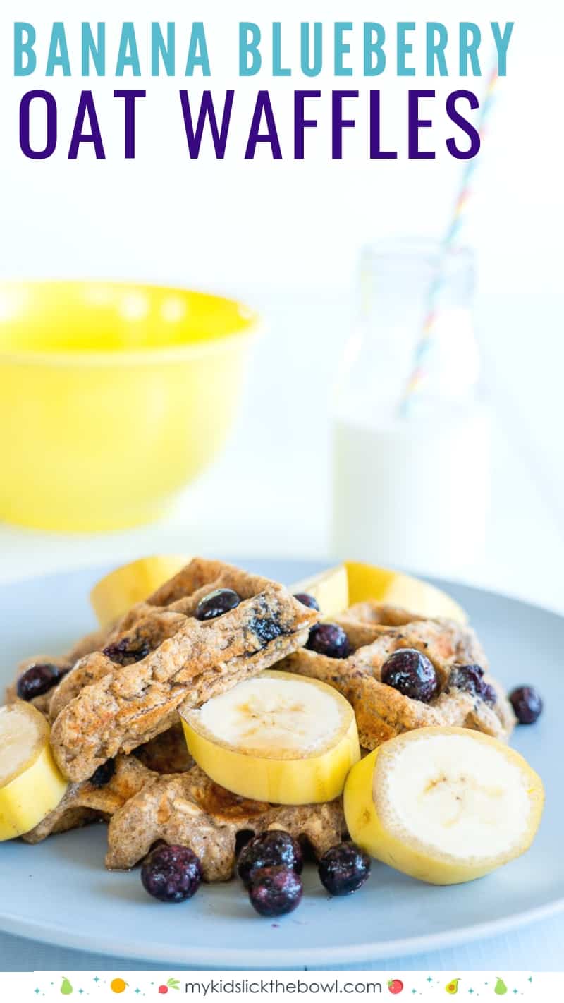 Healthy waffles on a plate with banana slices and blueberries