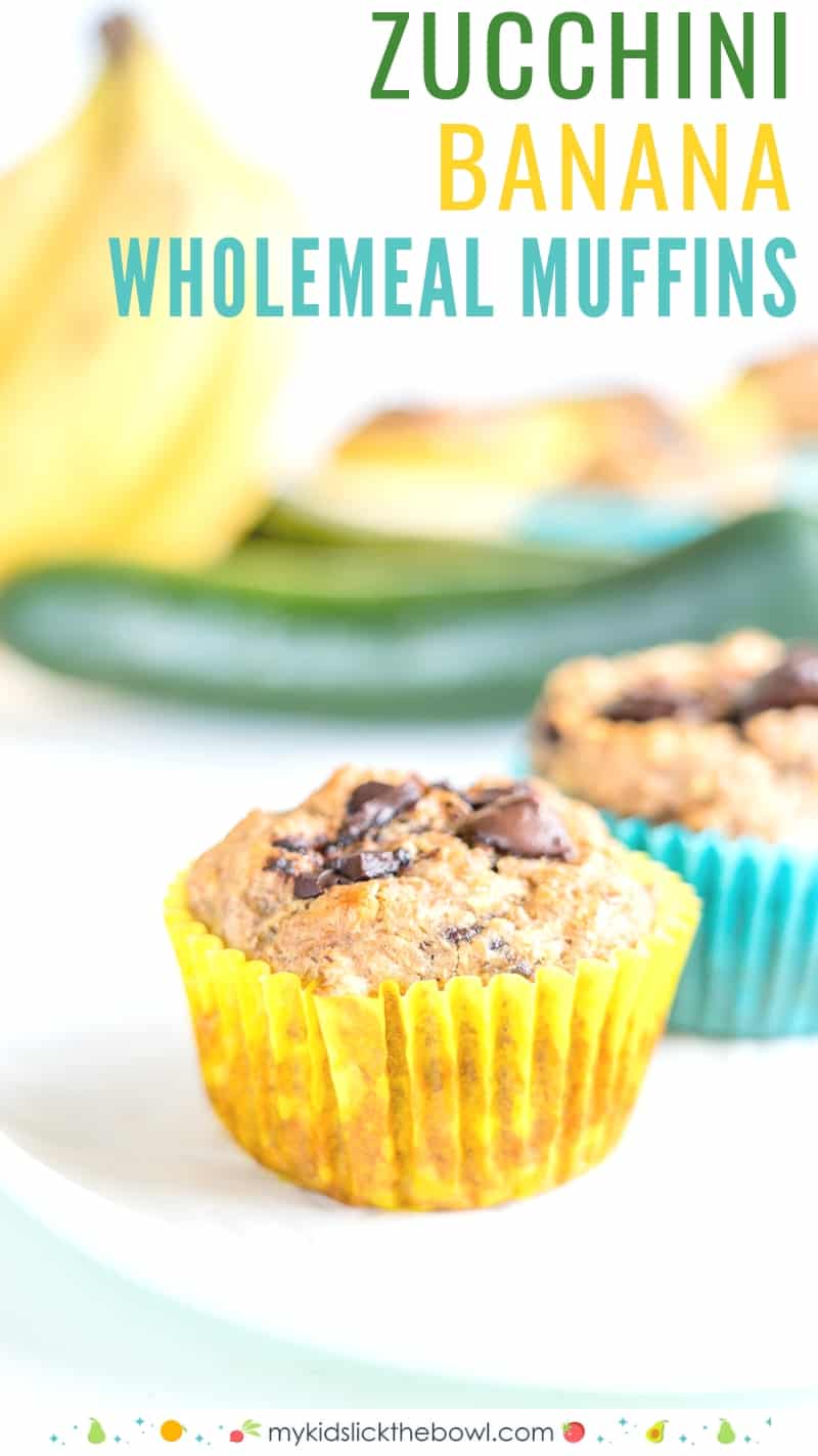 Wholemeal banana zucchini muffins with bananas and zucchini in the background