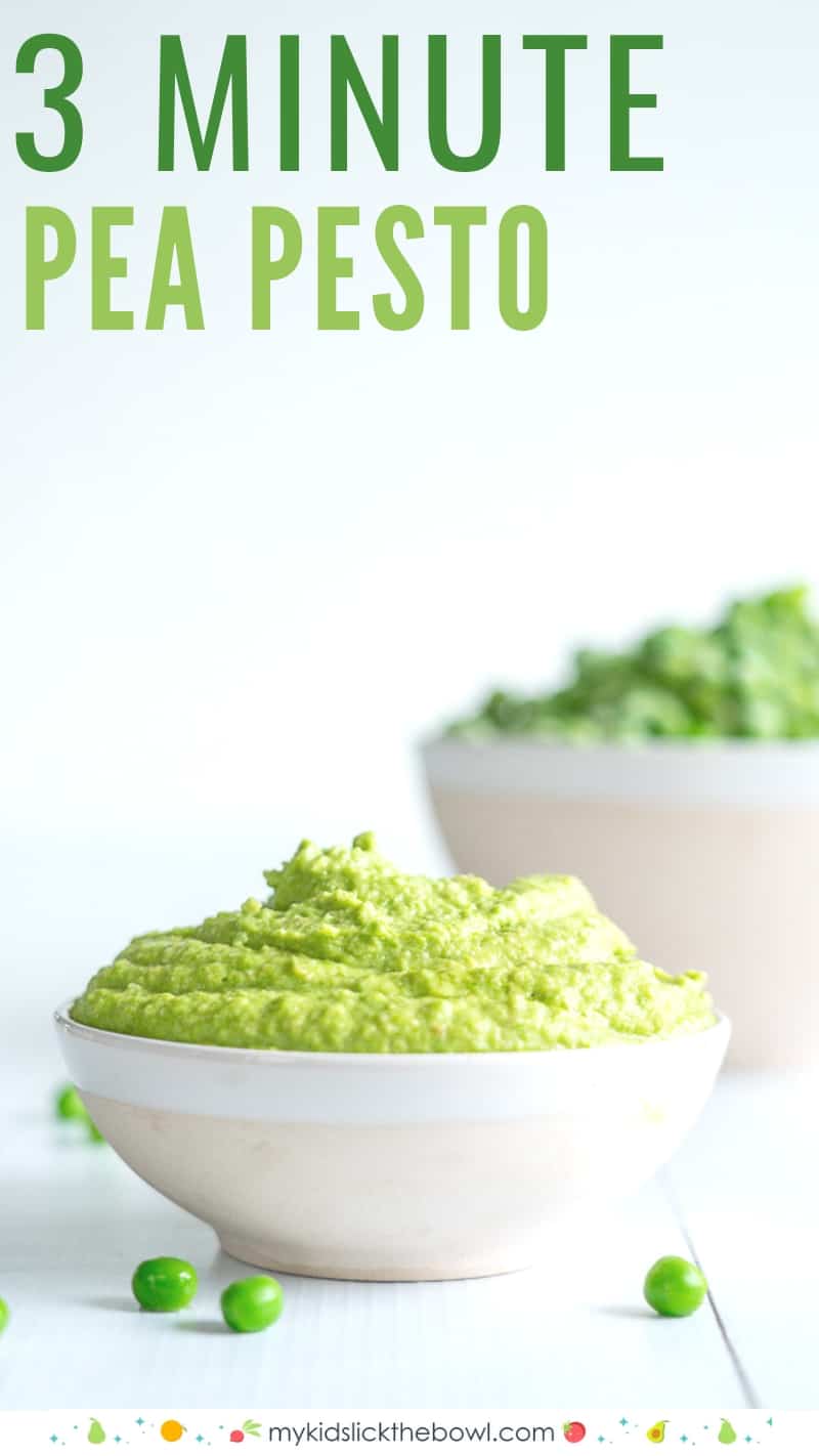 Pea pesto in small bowl with large bowl of peas in background
