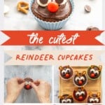 A five photo collage of reindeer cupcakes with text overlay for pinterest.