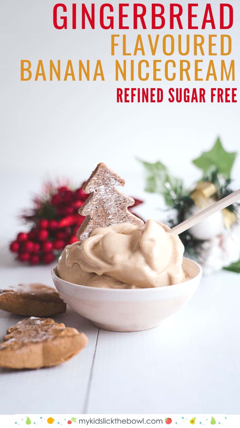 bowl of gingerbread flavoured nice cream decorated with a christmas tree cookie