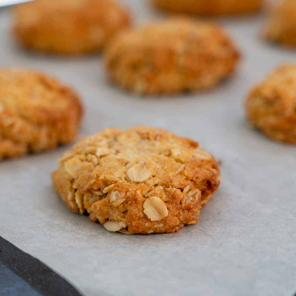 cooked anzac biscuit on baking paper lined tray