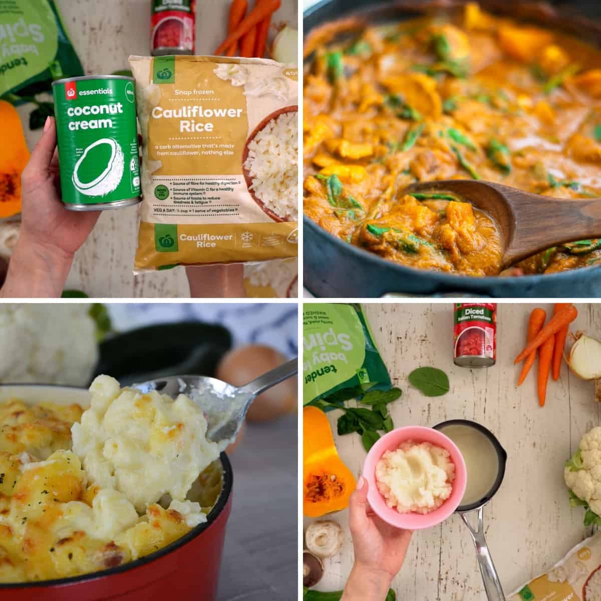 Collage of images showing cauliflower puree being used in meals