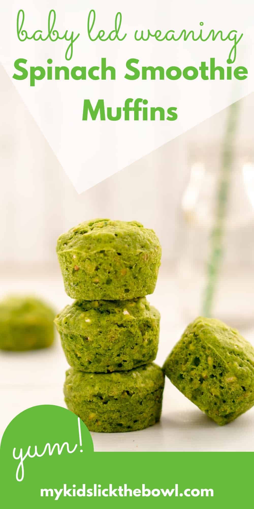 green spinach muffins stacked in a tower, a fourth muffin sits on the right of the tower