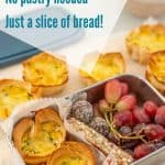 mini quiches in a lunchbox with a granola bar and grapes, text overlay on the image for pinterest