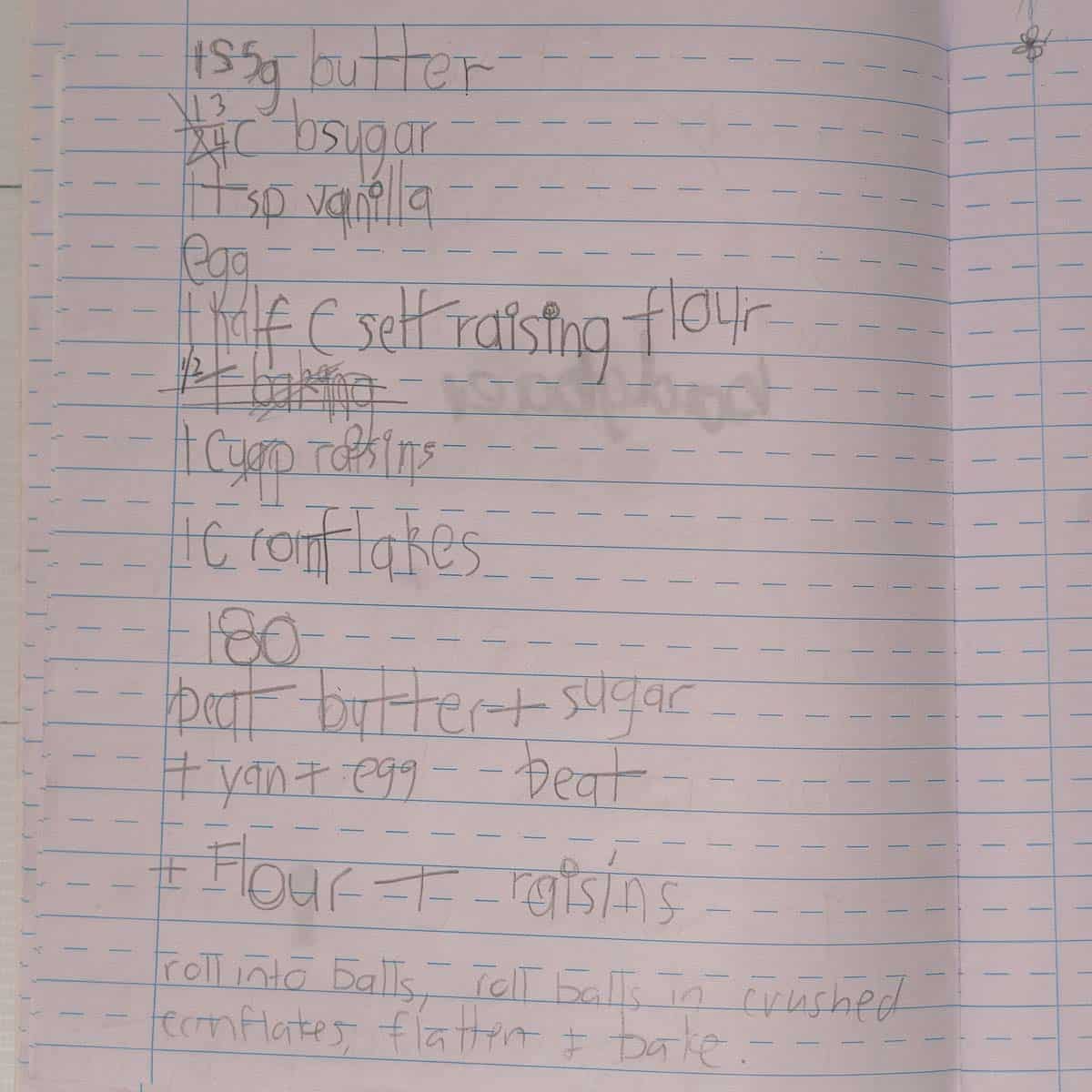 handwritten recipe pn lined paper written in child's handwriting