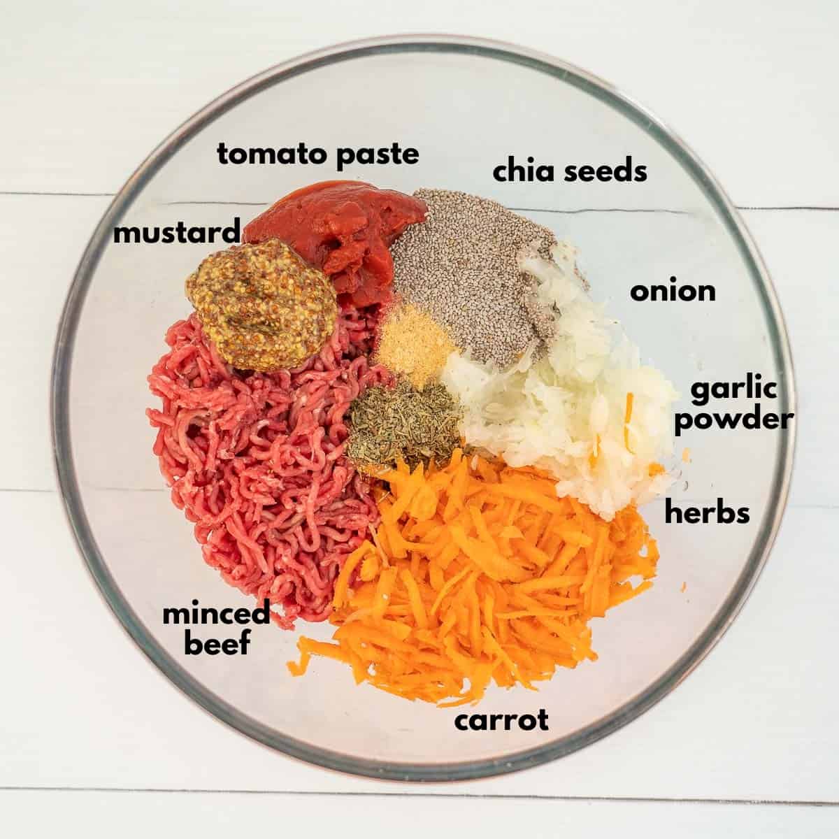 image labeling the meatloaf ingredients, minced beef, mustard, chia seeds, tomato paste, carrot, onion, herbs and spices