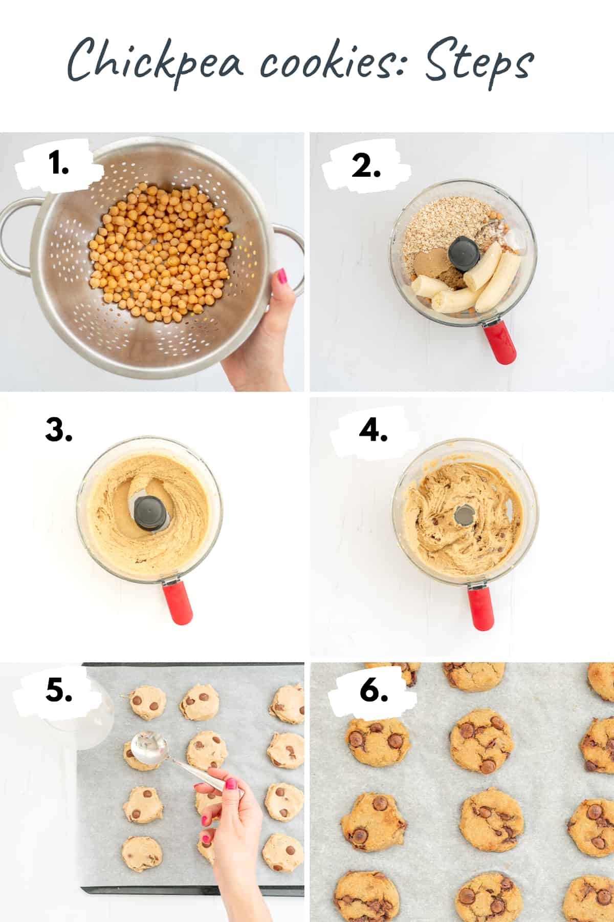 6 image photo collage showing the key steps to making chickpea cookies