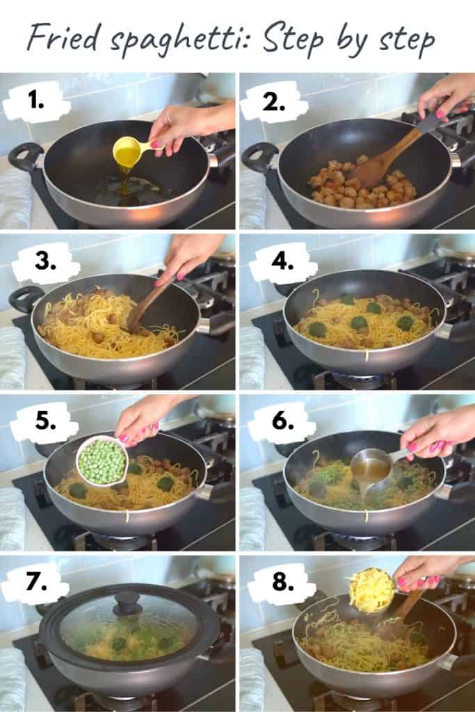 8 photo collage showing the process steps to cook this pasta recipe