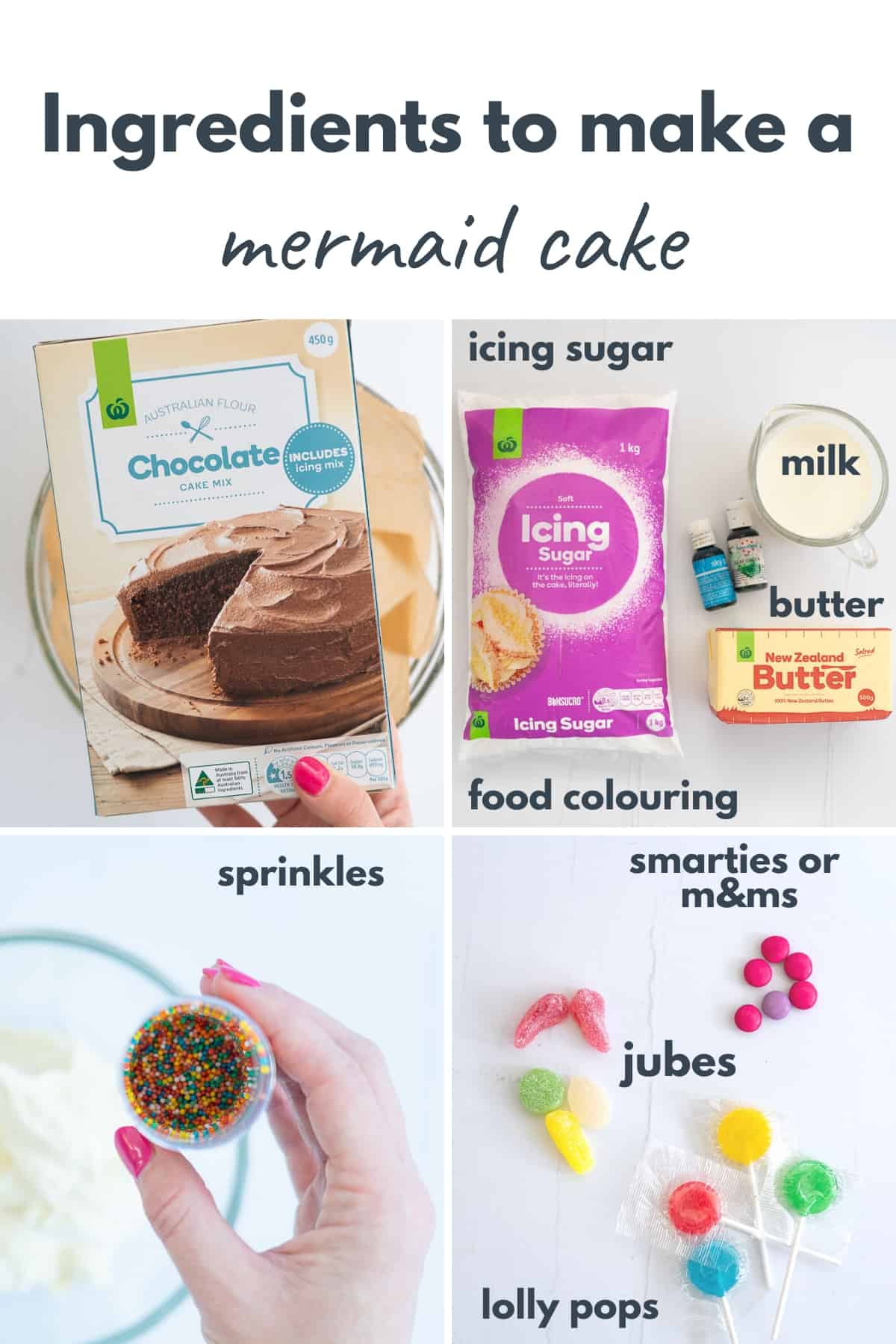 4 photo collage showing the ingredients required to make a mermaid cake