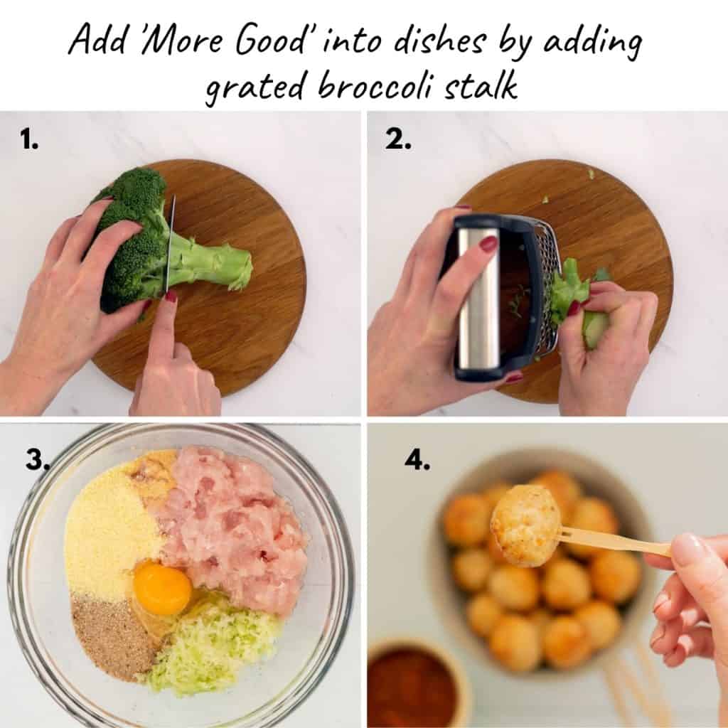 4 photo collage showing how to grate broccoli stalk and add to recipes