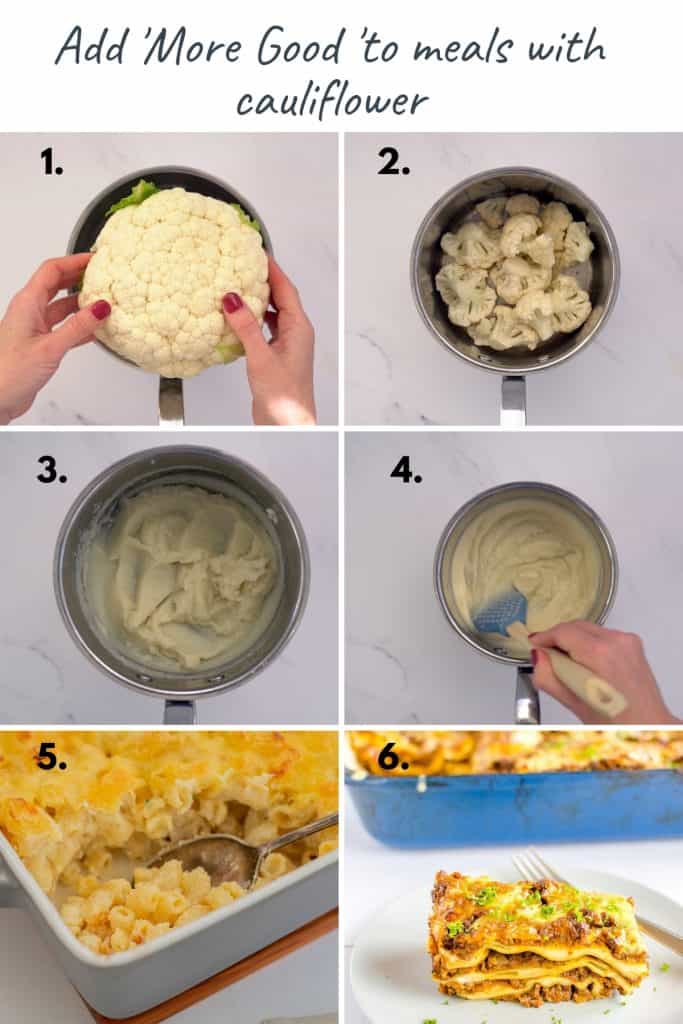 6 photo collage showing key steps to making cauliflower cheese sauce