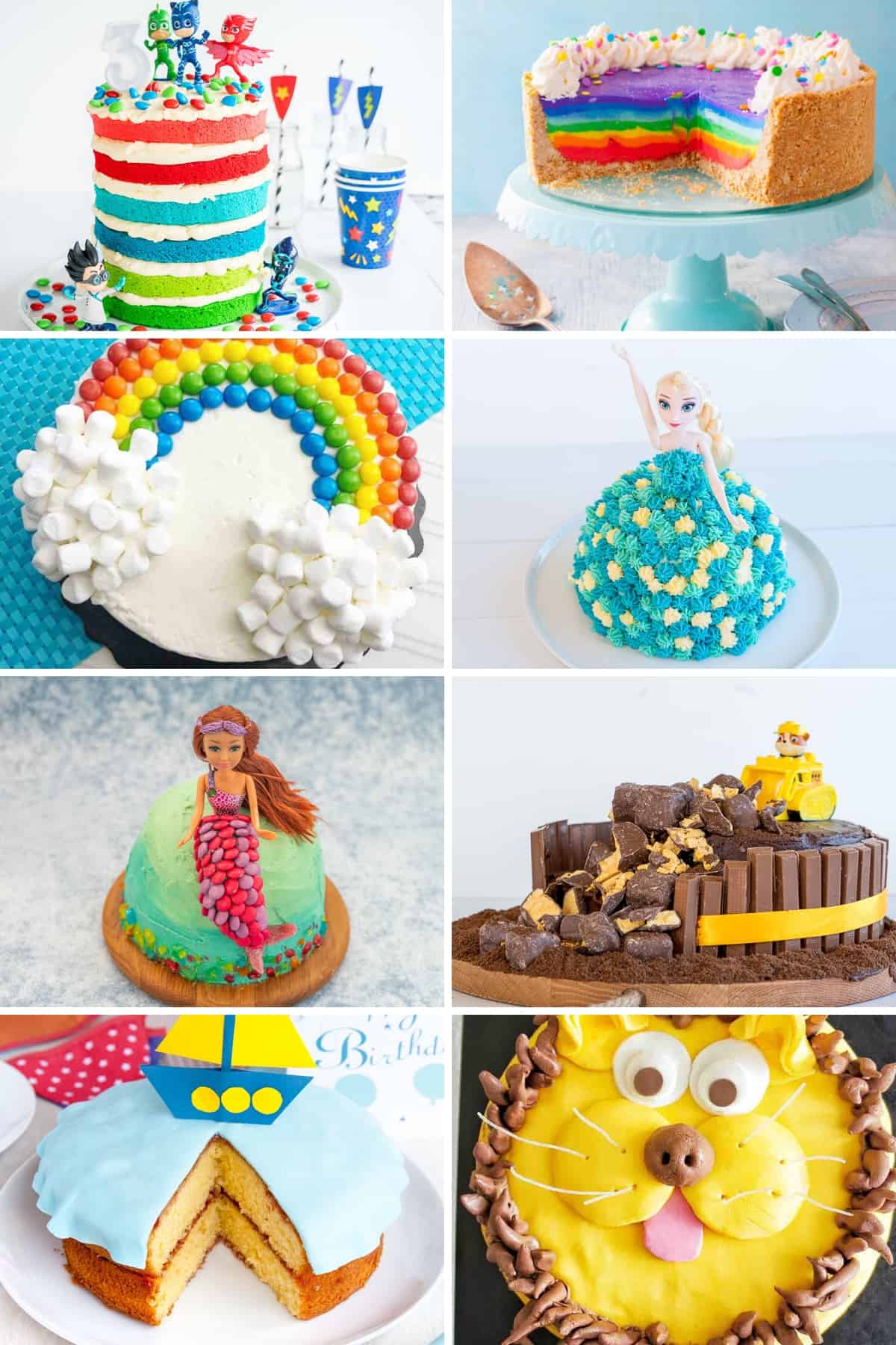8 photo collage of kids birthday cakes (pj masks, rainbow, elsa, lion, mermaid)