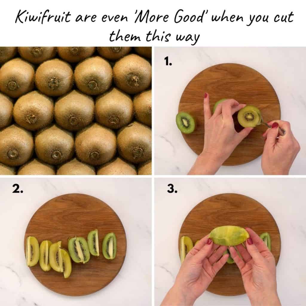 4 photo collage showing how to cut kiwifruit lengthways for kids