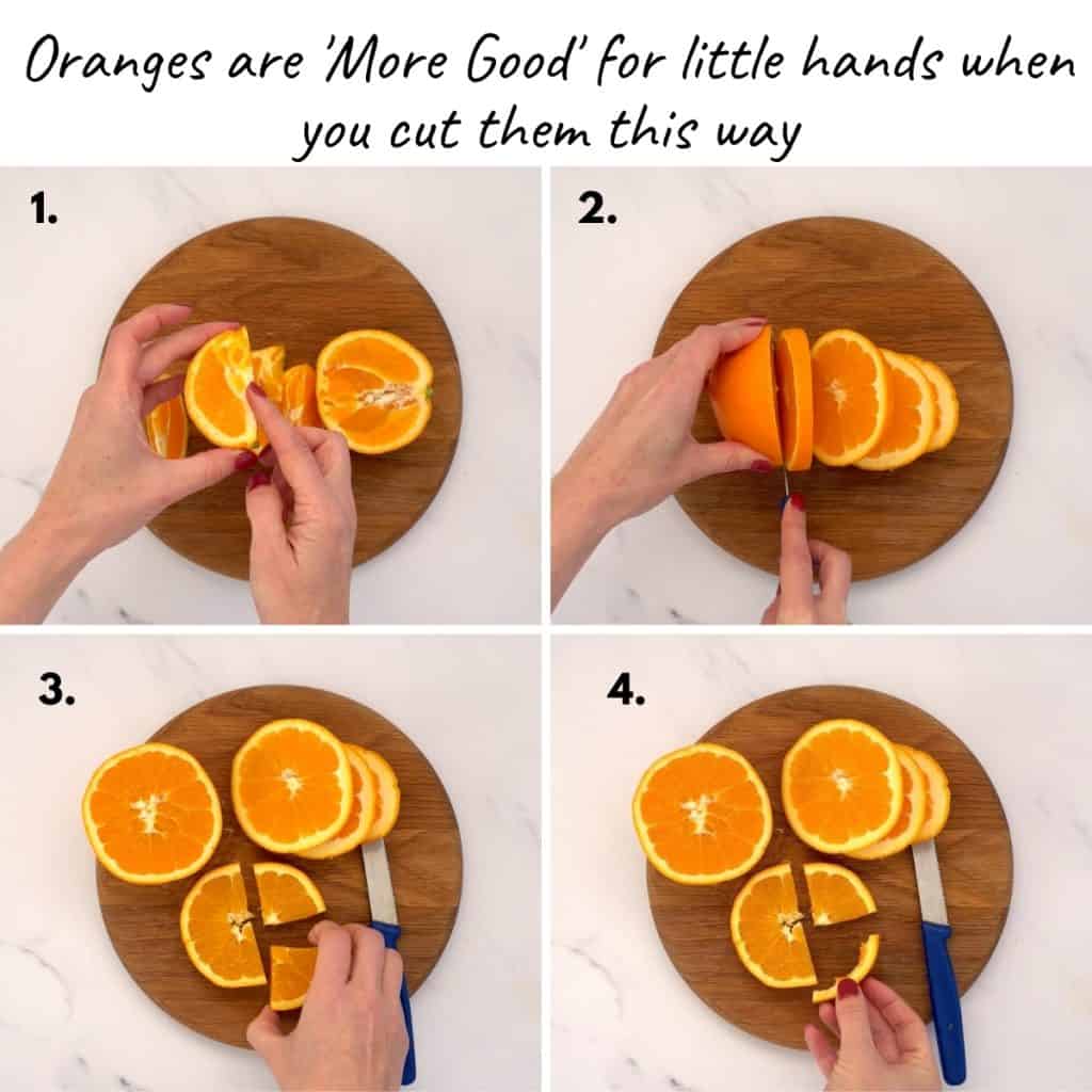 4 photo collage showing how to cut oranges for young children