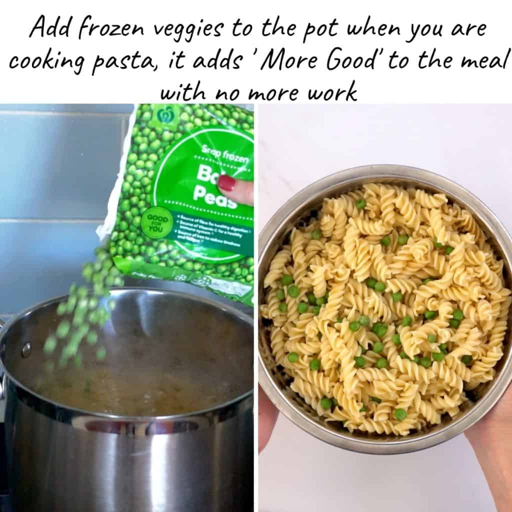 2 photo collage showing cooking frozen peas with your pasta