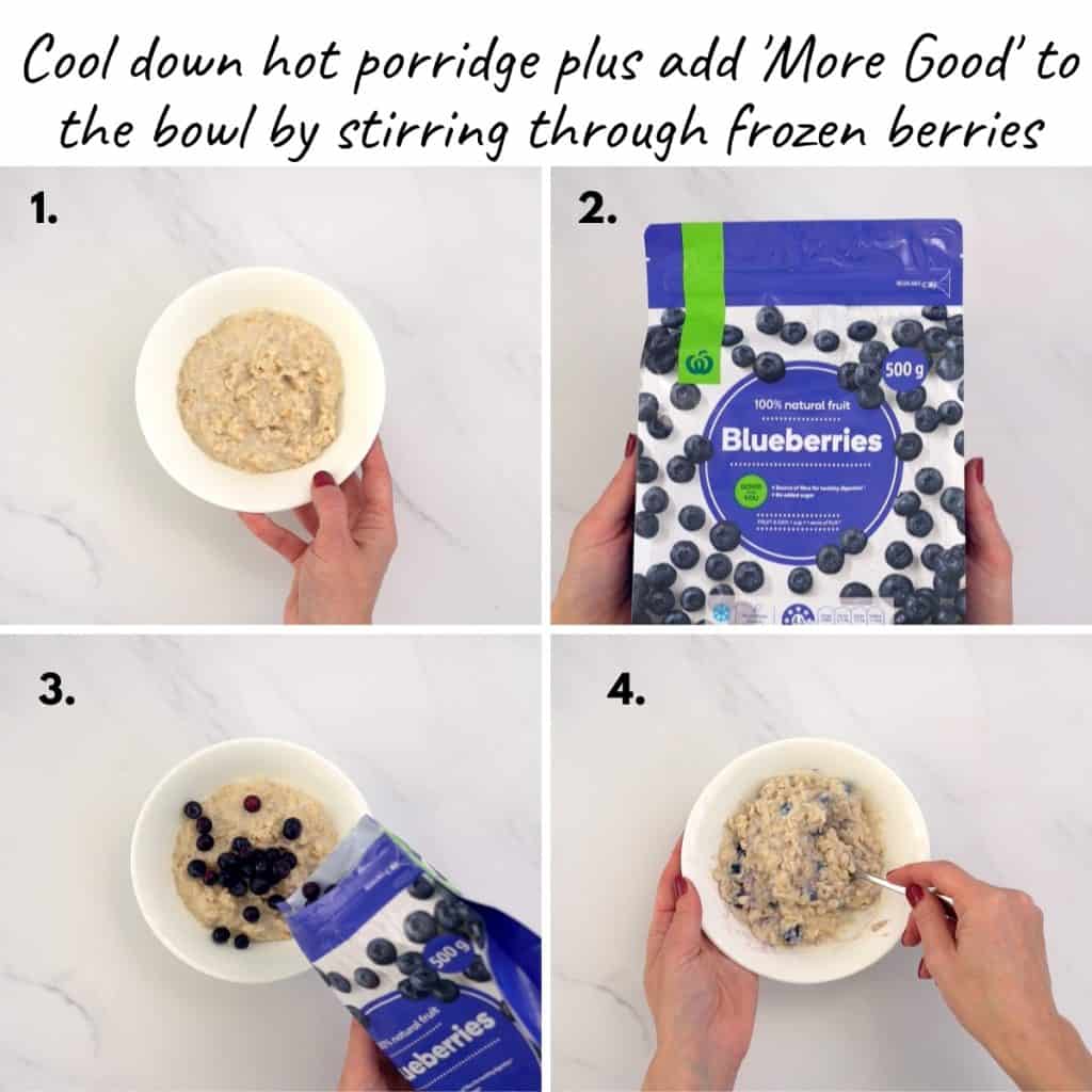 4 photo collage showing how to cool down porridge with frozen berries