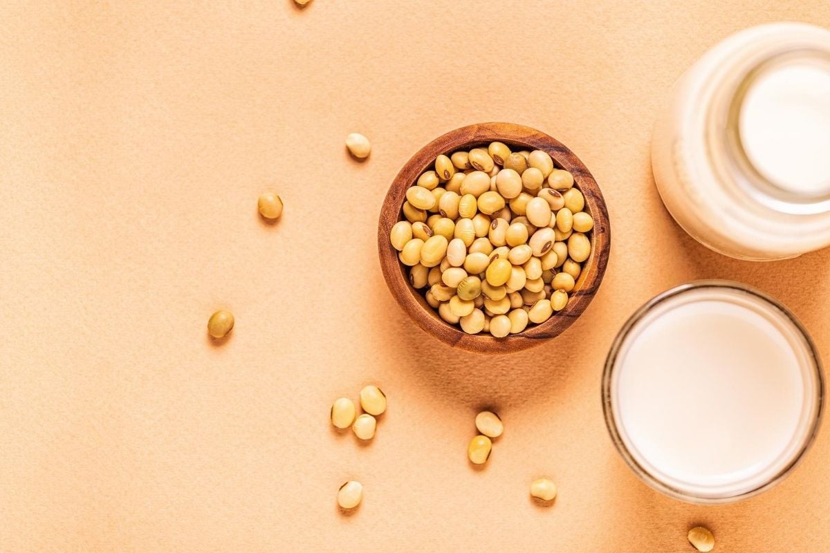 bowl of soya beans with a glass of soy milk next to it