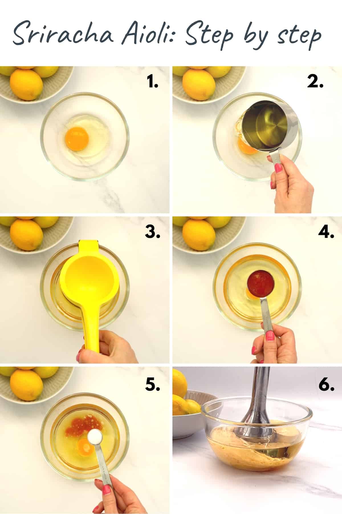 6 photo collage showing the steps to making sriracha aioli