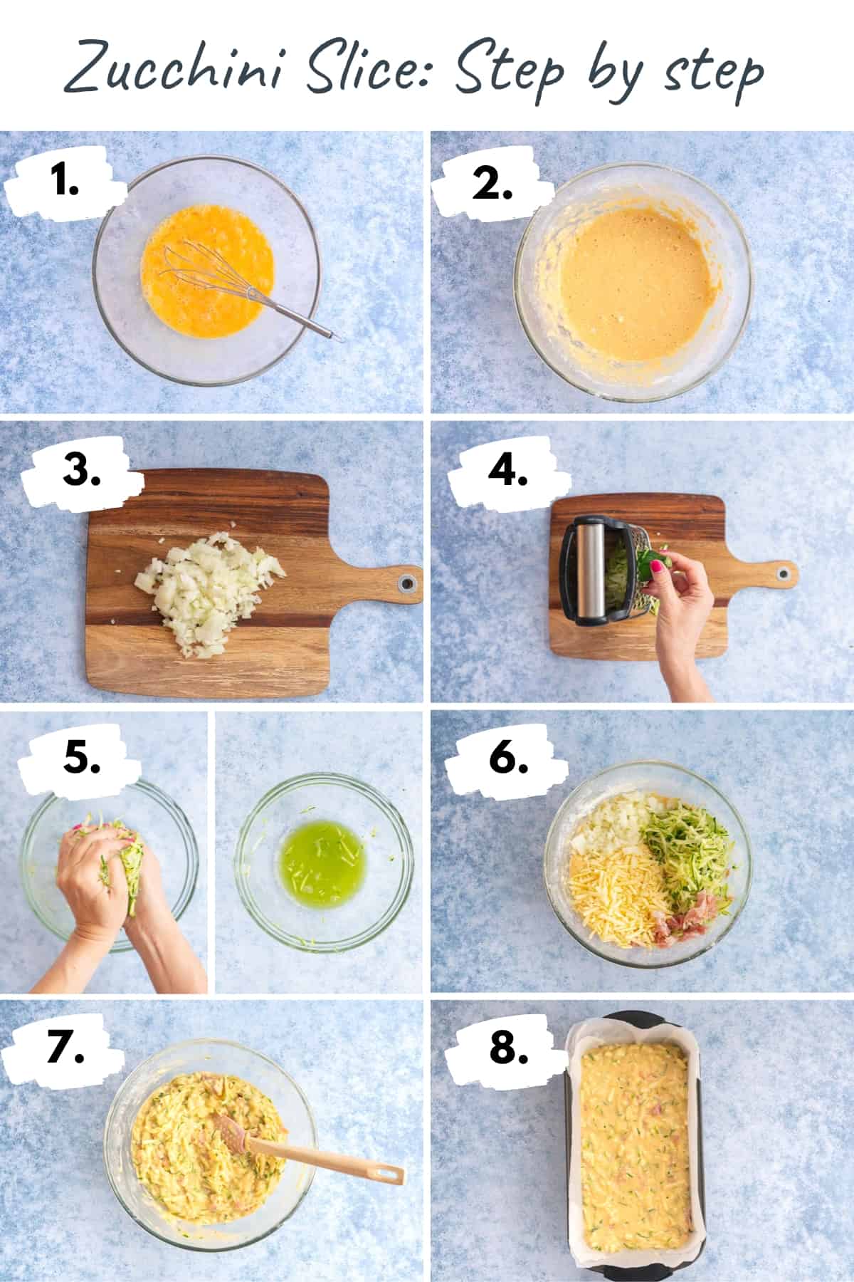 8 photo collage showing the process steps for making zucchini slice