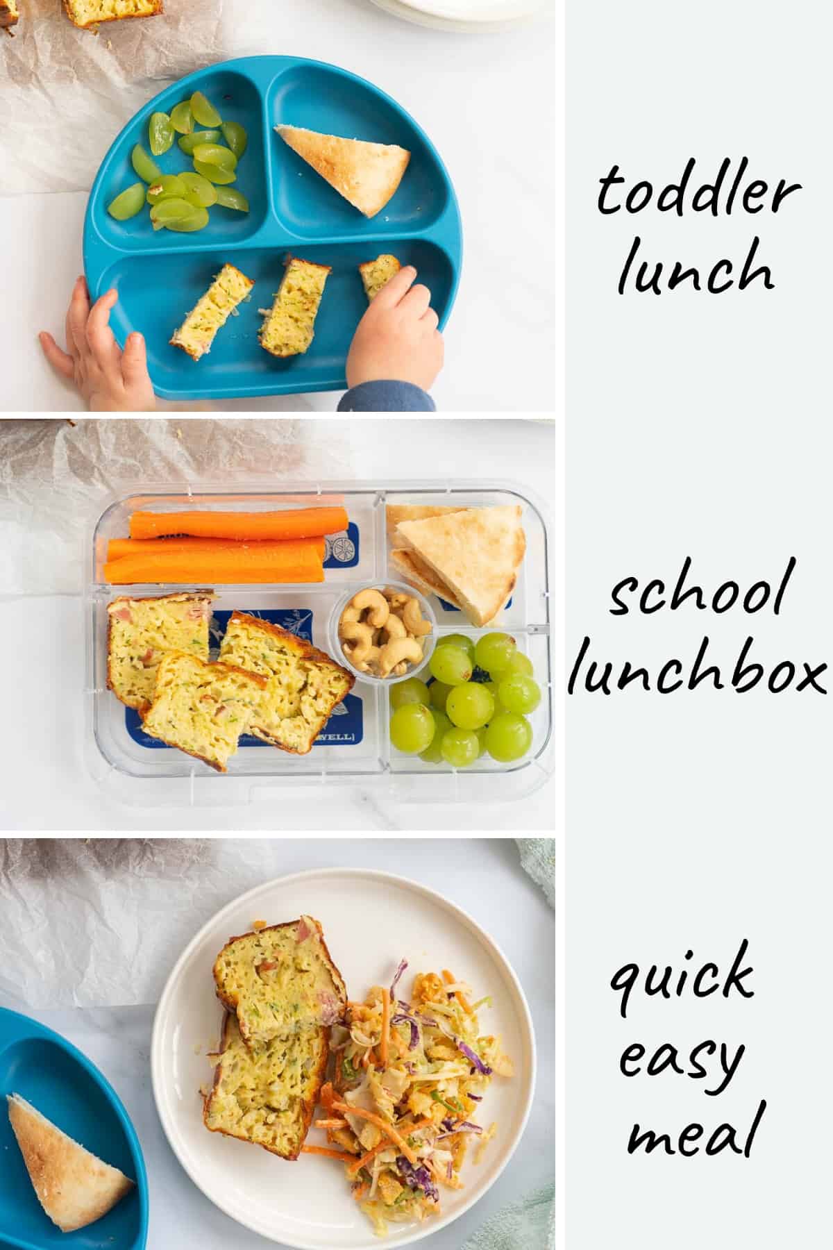 3 photo collage showing zucchini slice served 3 ways: toddler lunch, school lunchbox, quick easy adult meal