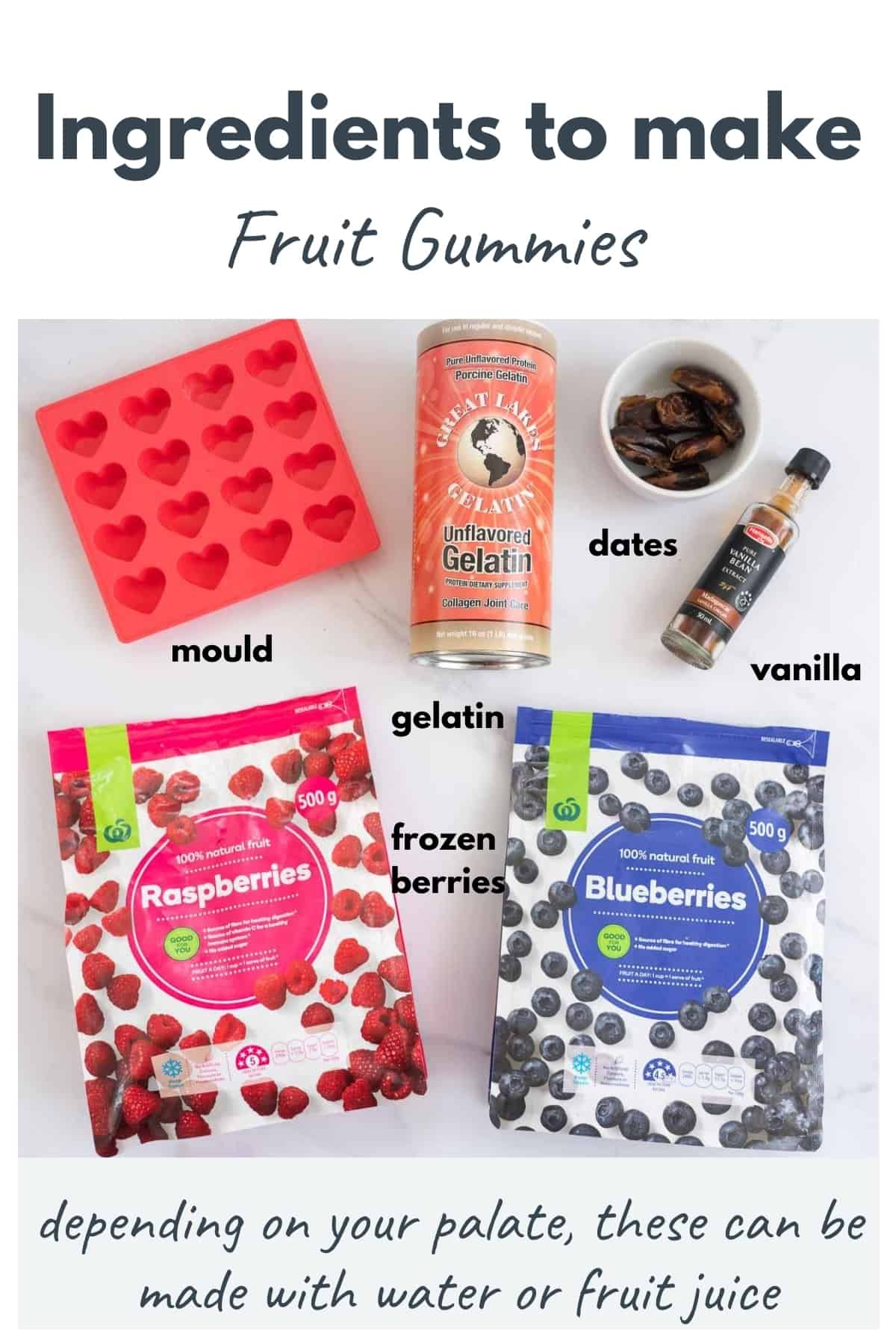 flat lay of ingredients to make reduced sugar berry gummies with text overlay