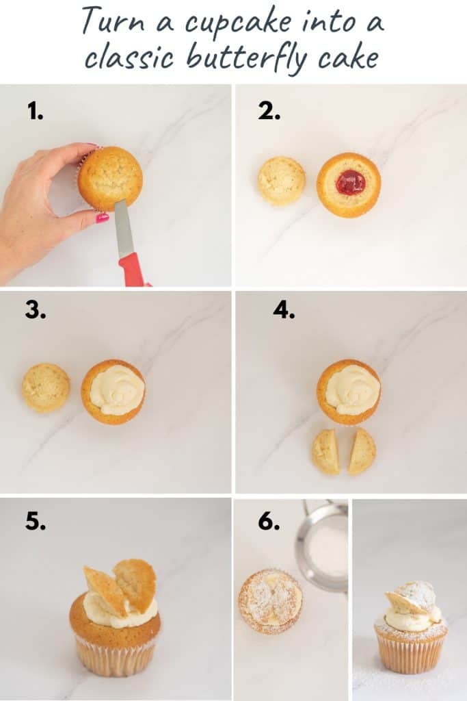 A six step picture of how to make your cupcakes look like butterflies