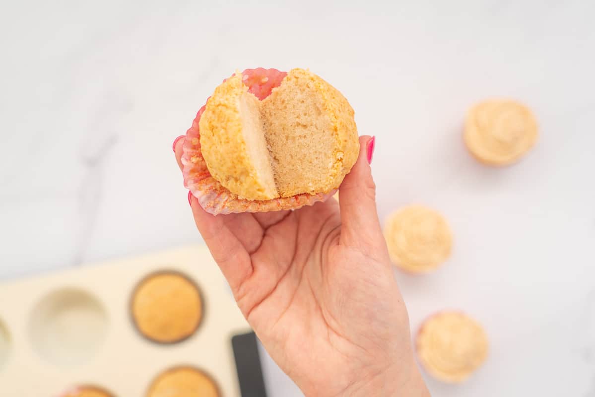 dairy free cupcake cut in half to show the texture