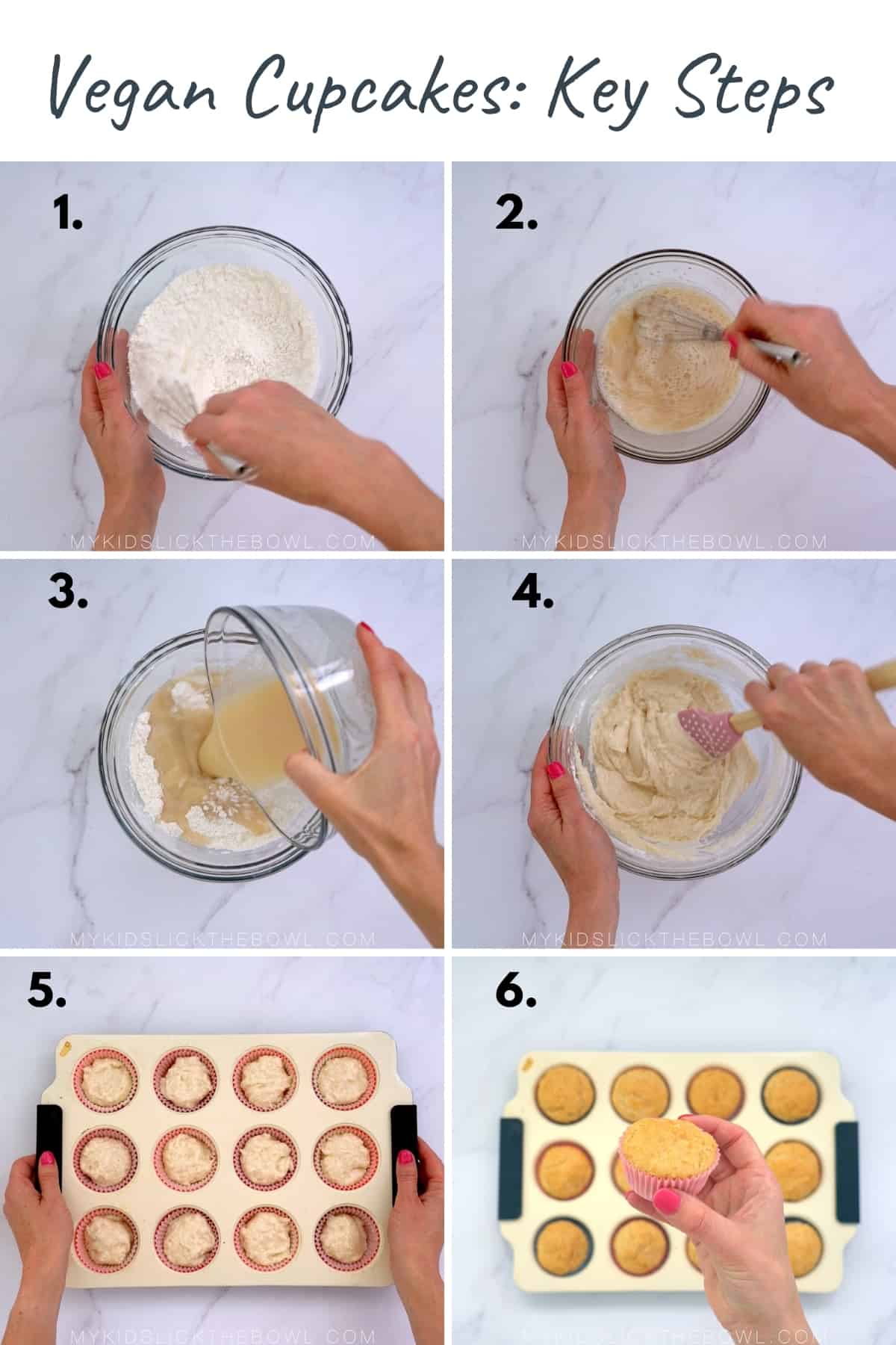 6 photo collage of the process steps for making dairy free cupcakes