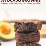 a stack of 3 pieces of avocado brownie with text overlay