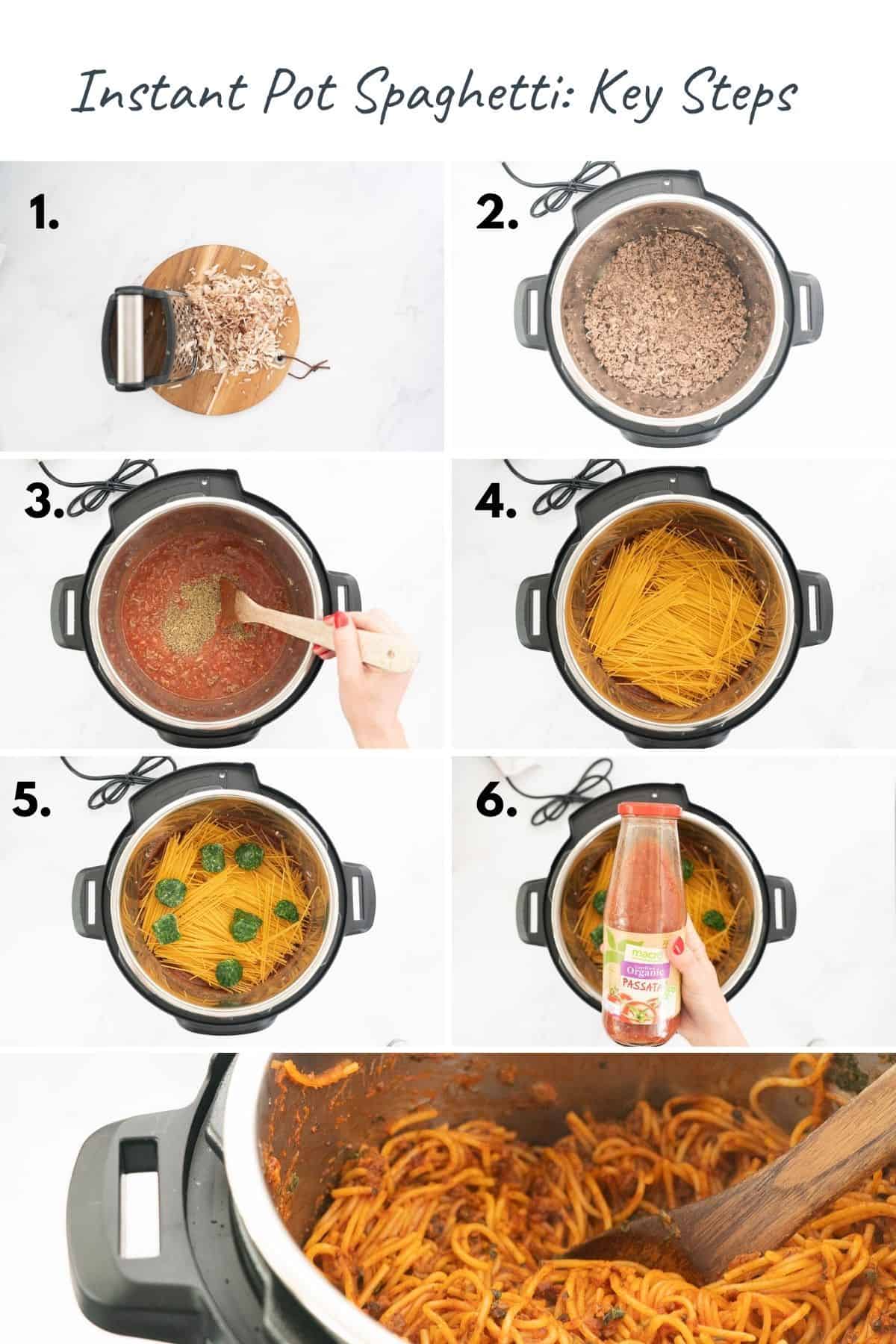 7 photo collage showing the steps to making instant pot spaghetti bolognese