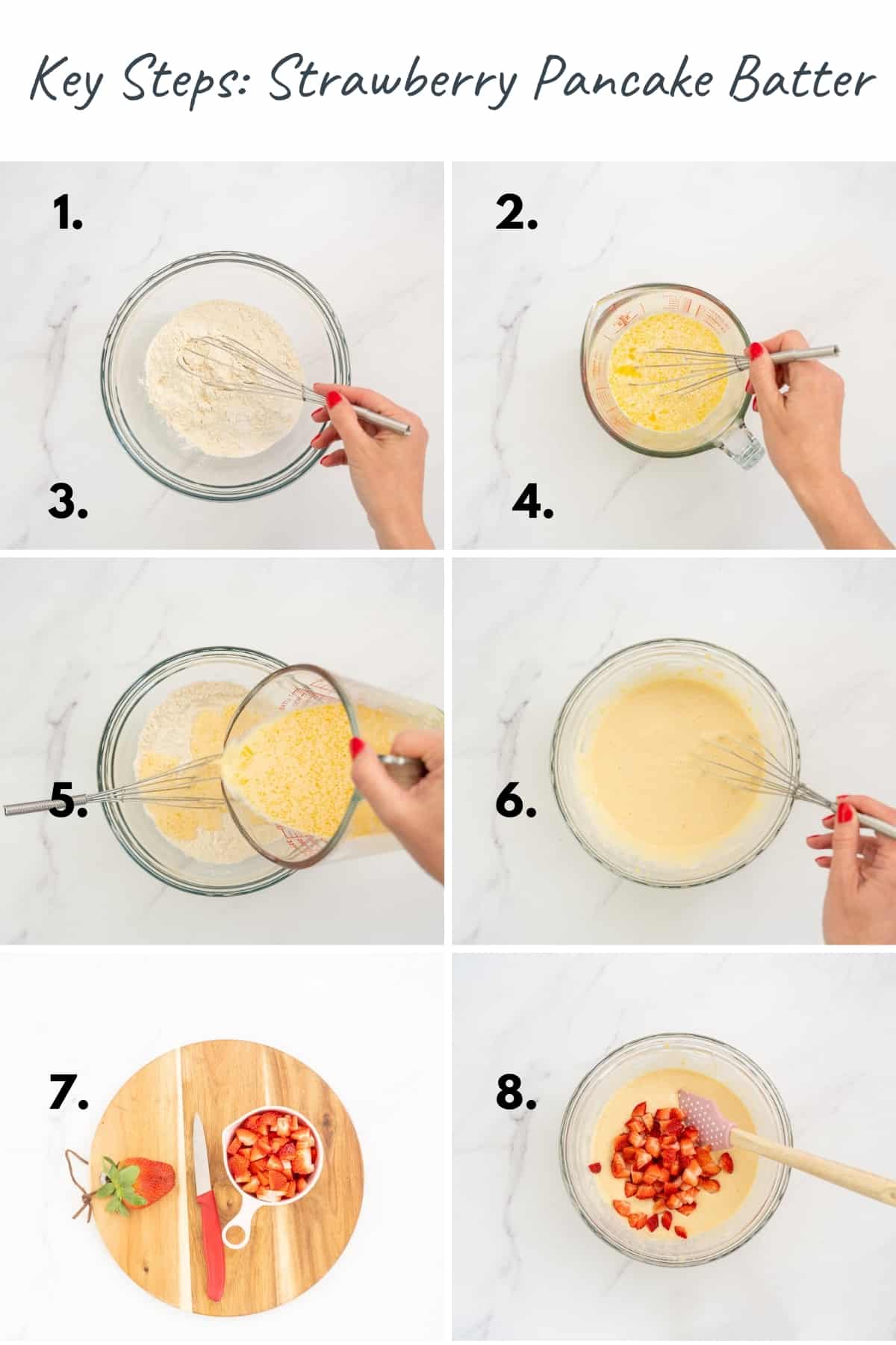 8 photo collage showing the key steps for making strawberry pancake batter. 