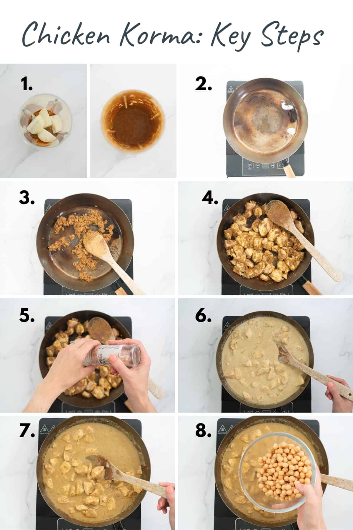 8 photo collage showing the process steps to make chicken korma