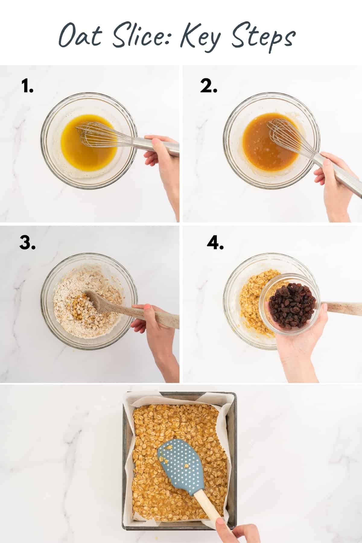 5 photo collage of the steps to make an oat slice