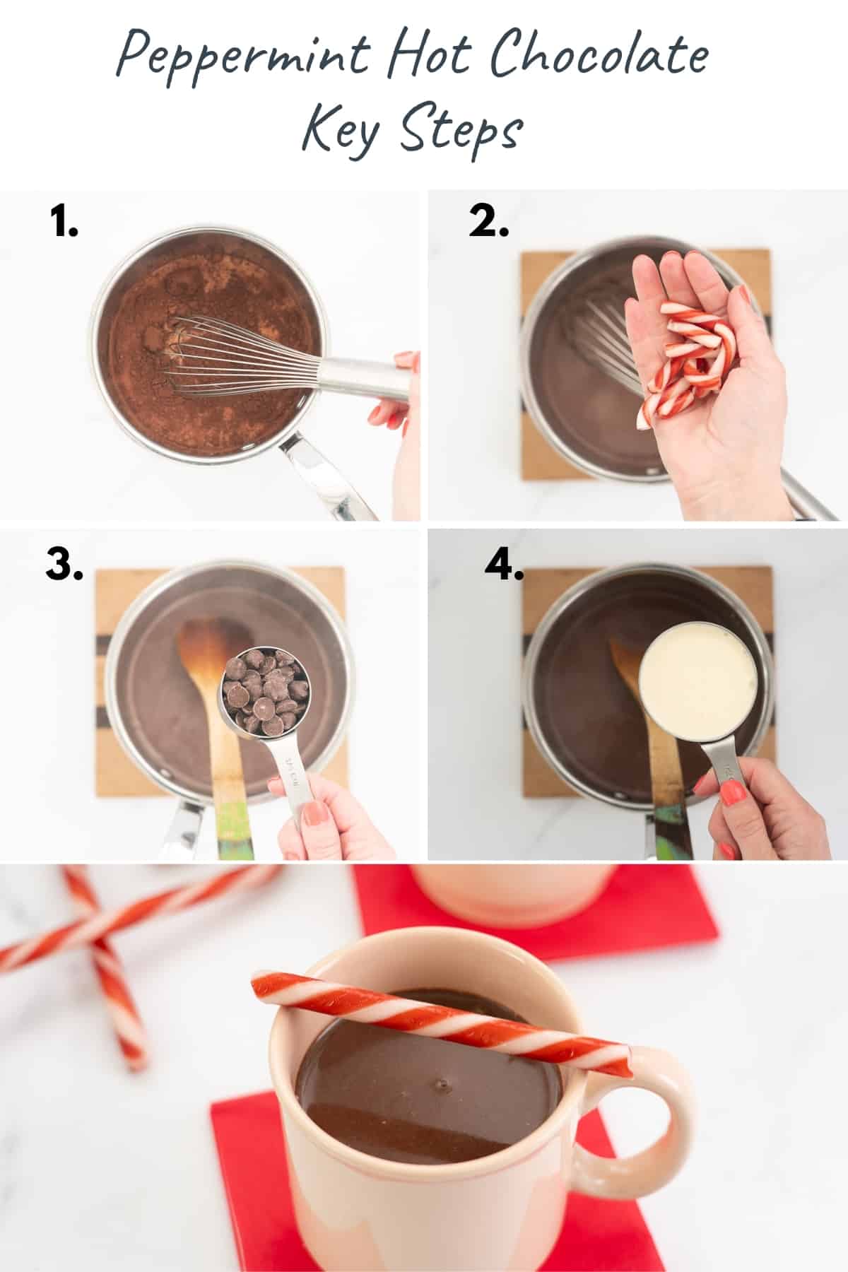 5 photo collage showing the key steps to making peppermint hot chocolates