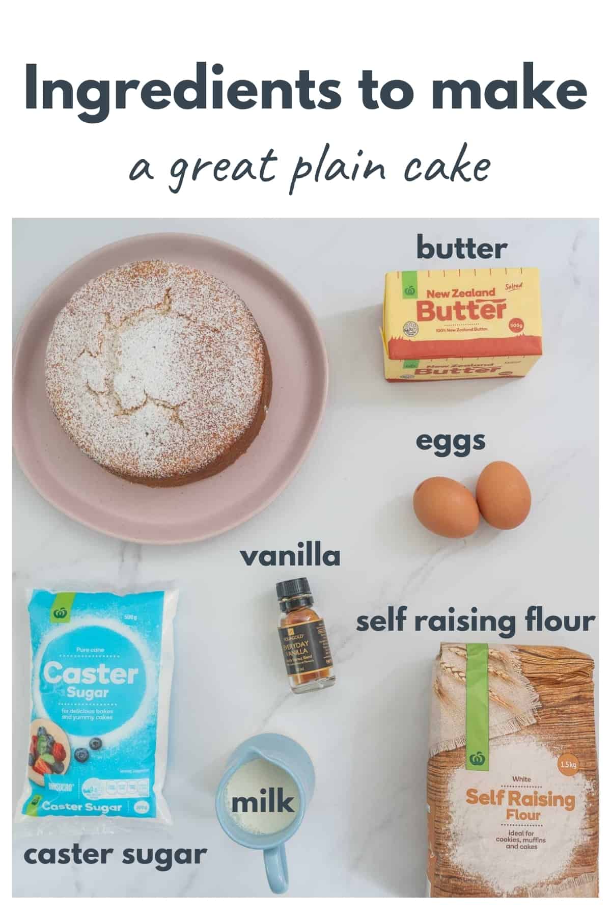 Ingredients for a plain cake recipe laid out with text overlay
