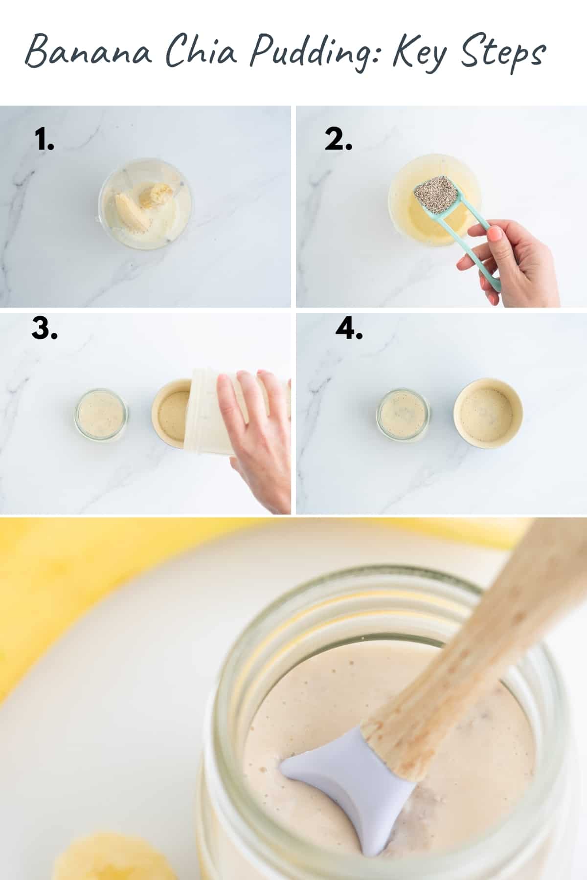 5 photo collage showing the key steps to making banana chia pudding.