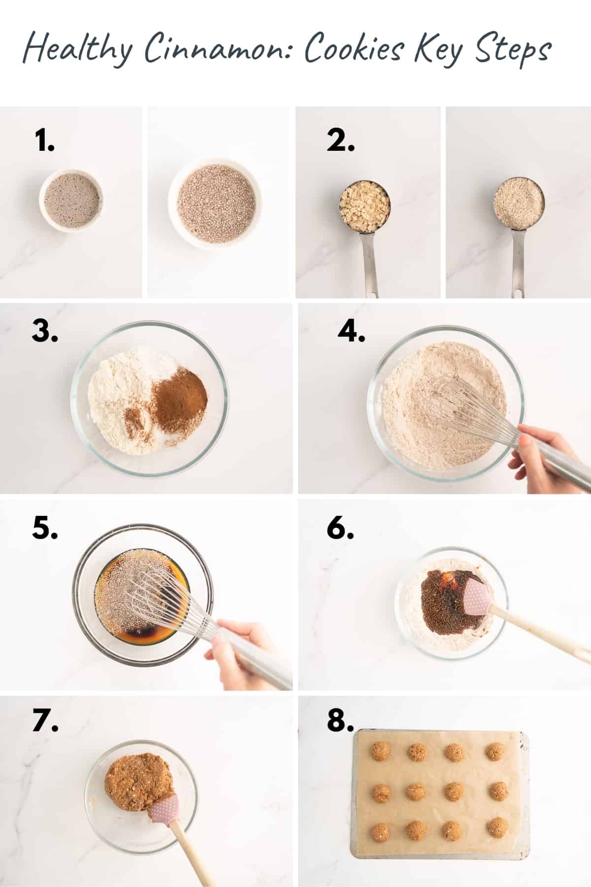 8 photo collage showing the key steps to making healthy cinnamon cookies.