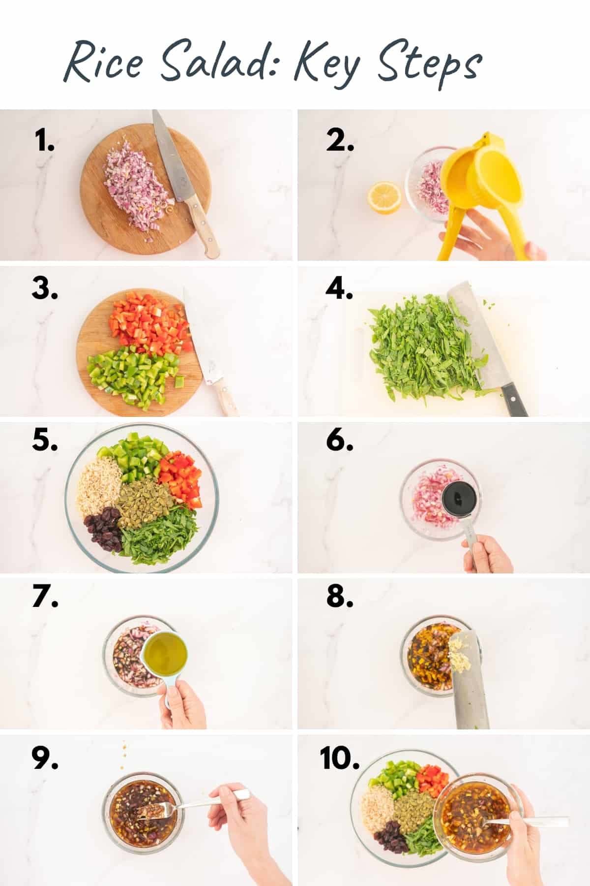 Ten image collage showing the key steps to making rice salad