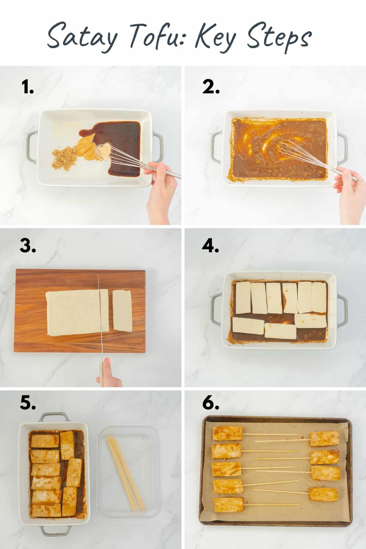6 photo collage showing the steps to making marinated satay tofu.