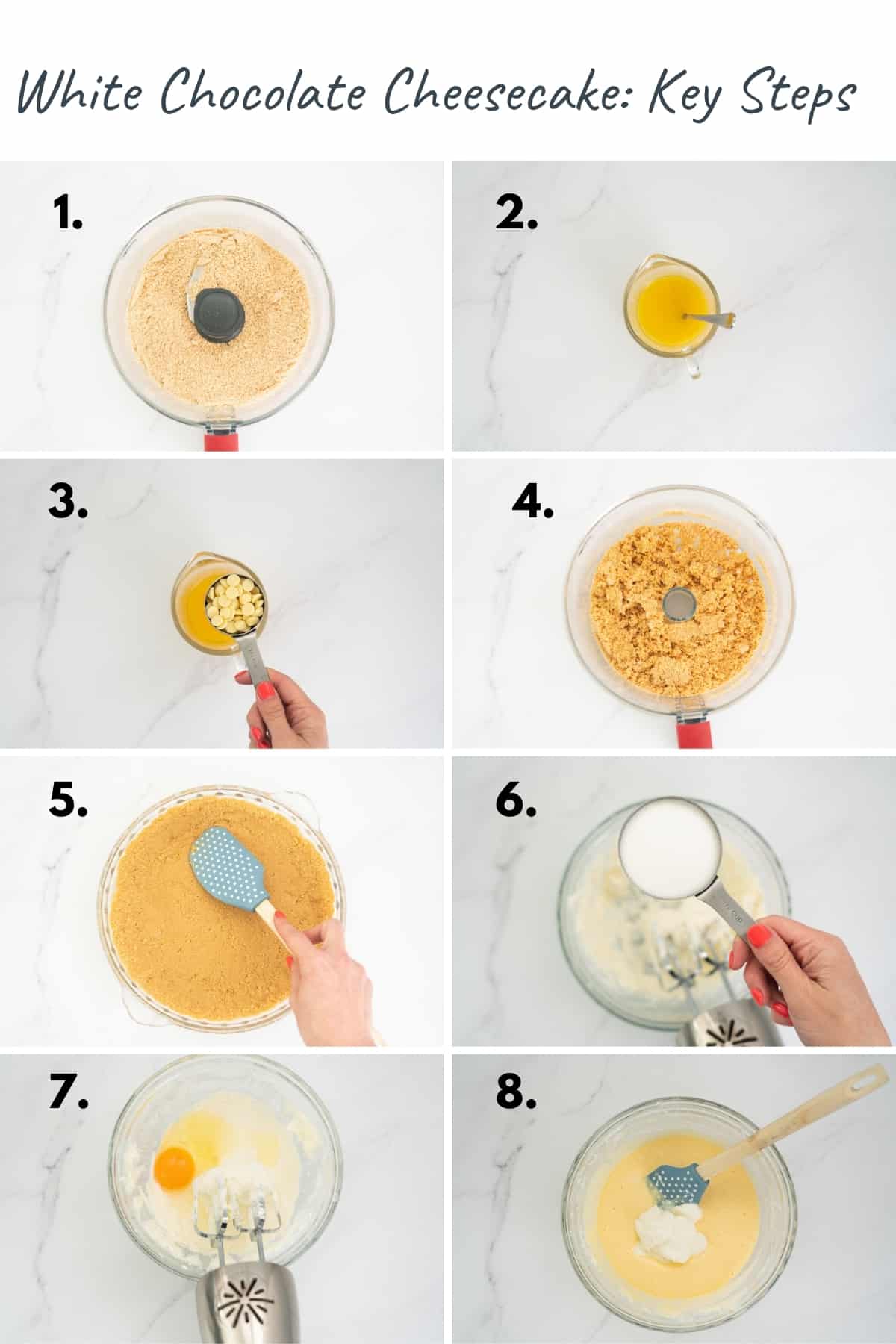 8 photo collage showing the key steps to making white chocolate cheesecake. Steps 1-8.