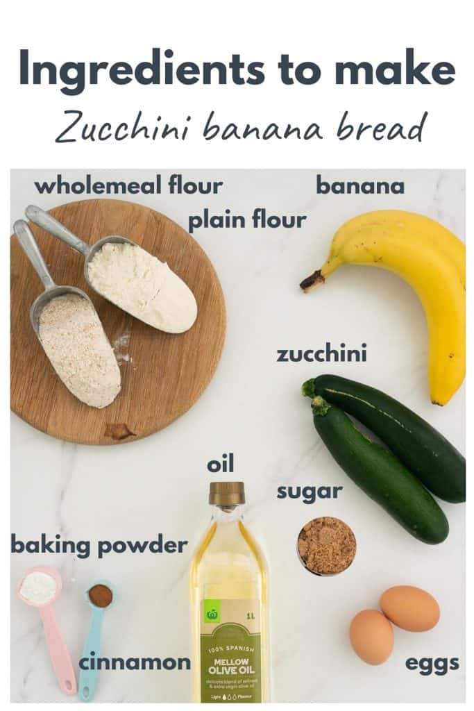 Ingredients to make zucchini banana bread laid out on a bench top with text overlay.